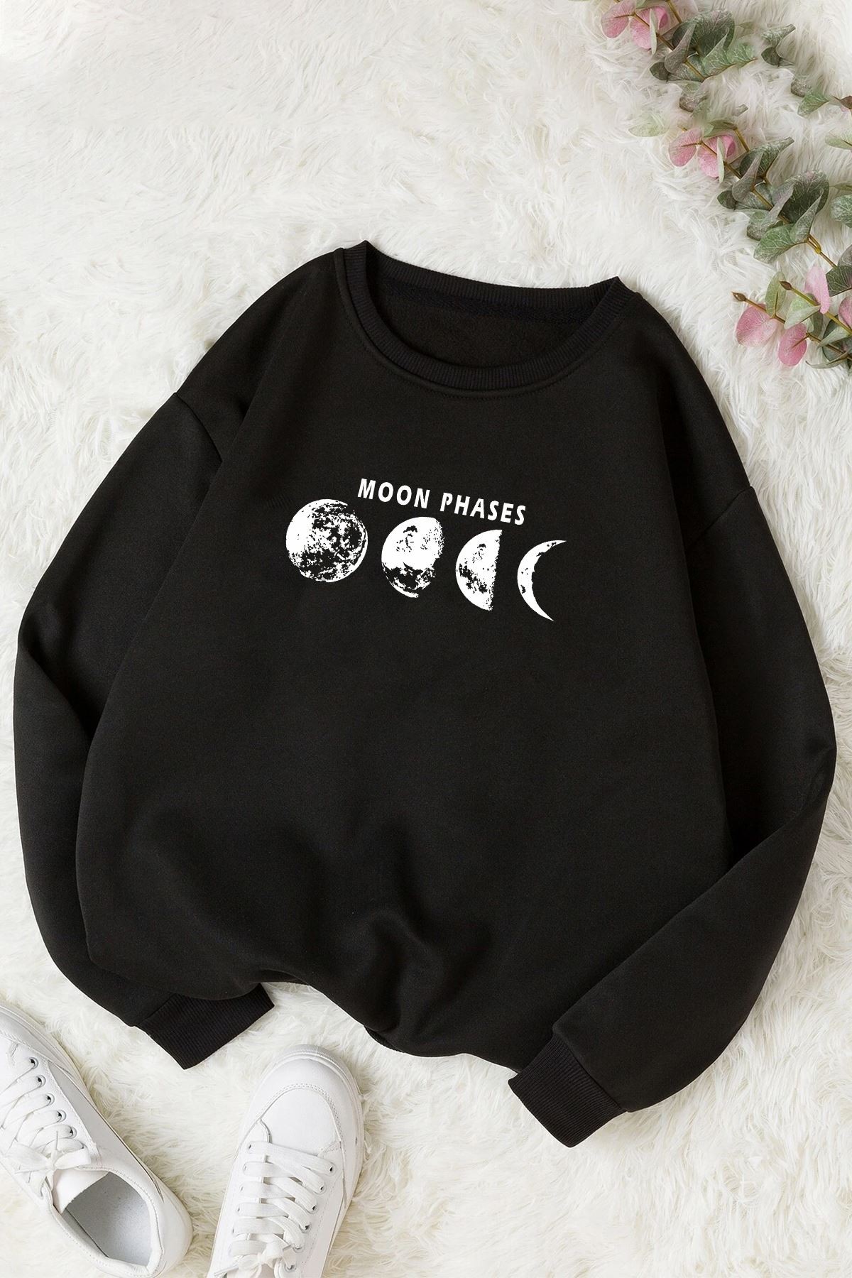 Unisex Celestial Sun Moon Bisiklet Yaka Sweatshirt