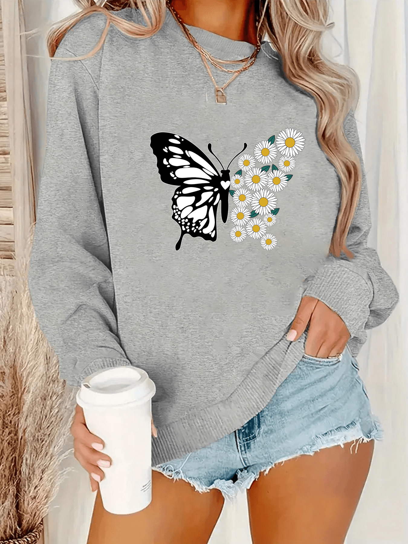 Unisex Papatya Kelebek Baskılı Tasarım Oversize Sweatshirt