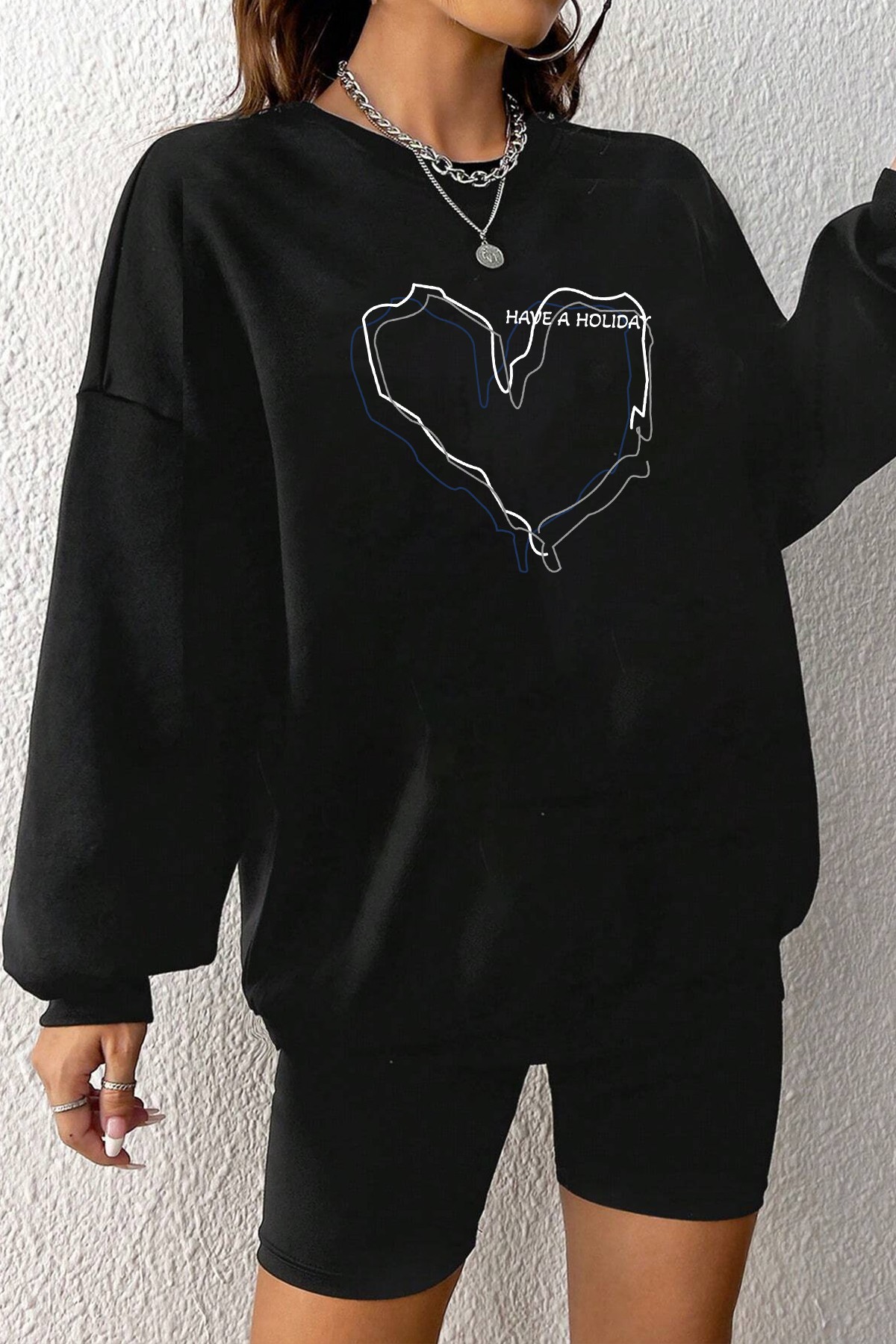 Unisex Holiday Baskılı Bisiklet Yaka Sweatshirt