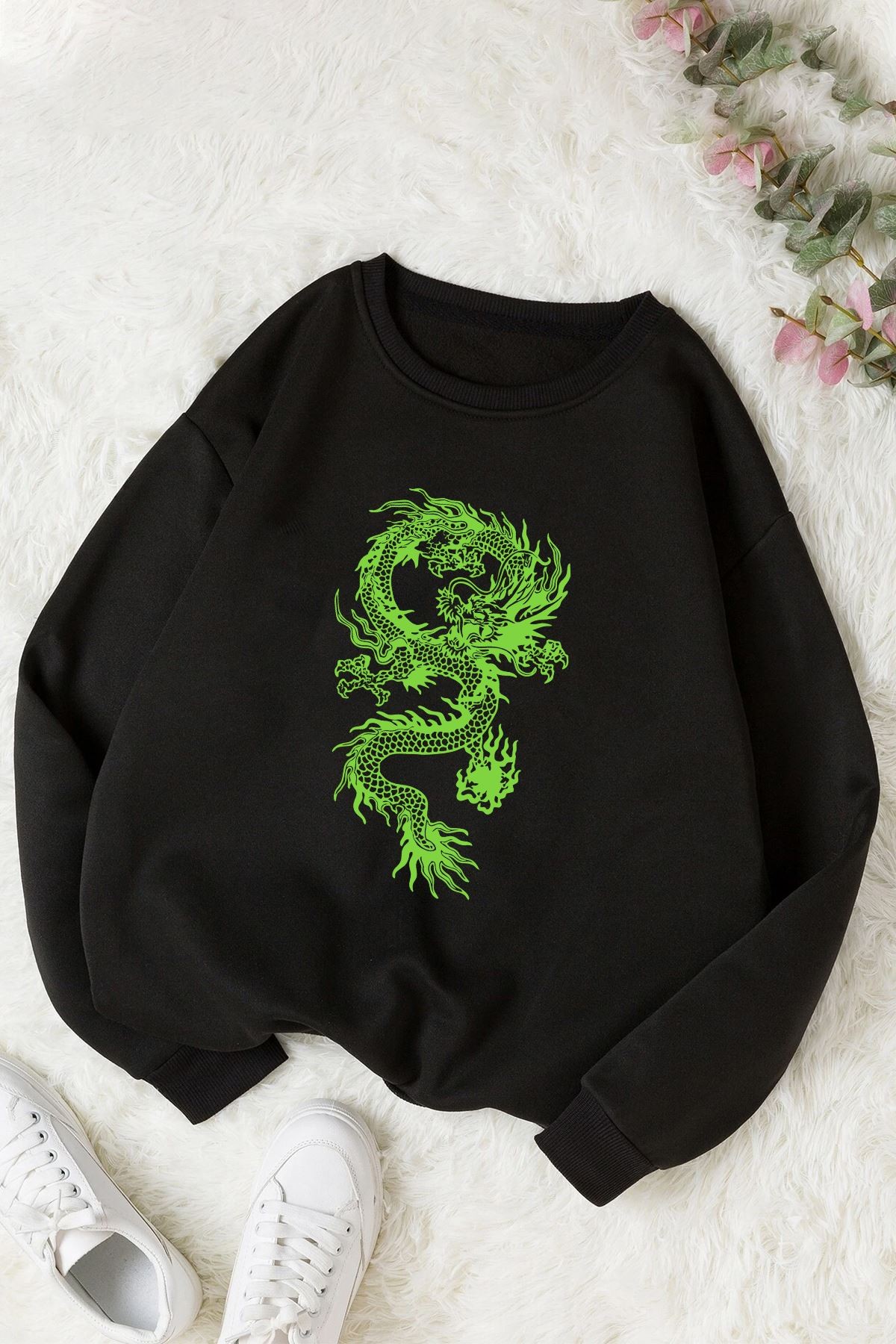 Unisex Chinese Dragon Bisiklet Yaka Sweatshirt