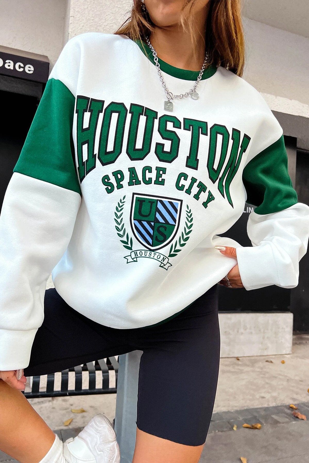 Houston Baskılı Kol Detaylı Oversize Sweatshirt