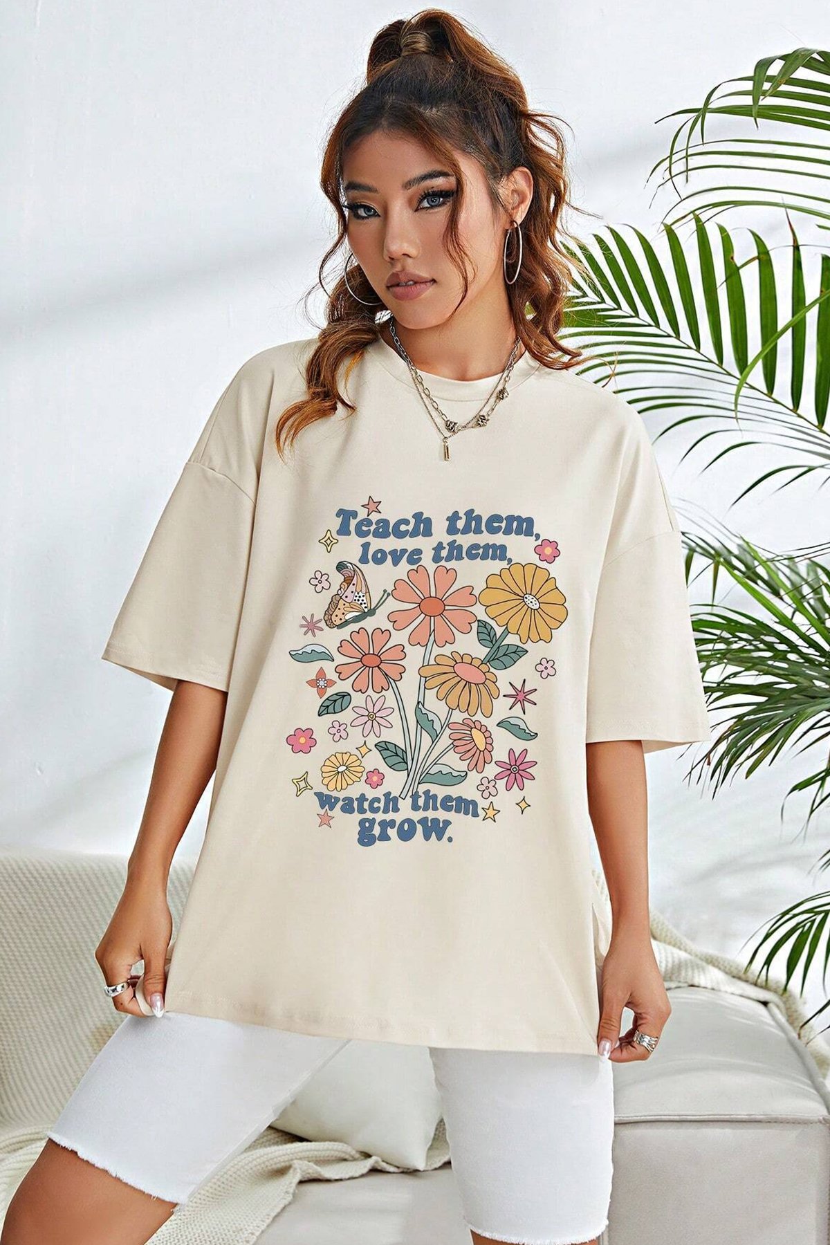 Unisex Flowers Baskılı Oversize Tshirt