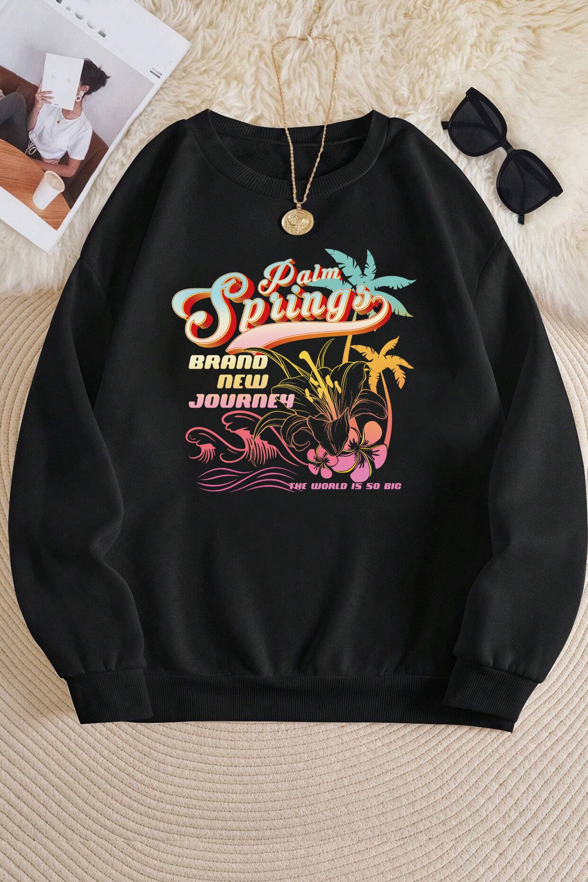 Unisex Springs Baskılı Bisiklet Yaka Sweatshirt