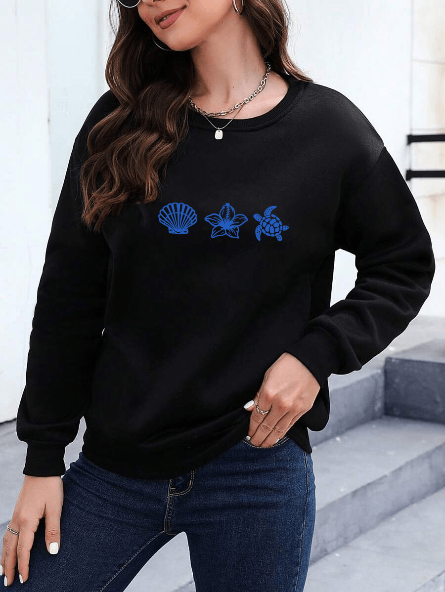 Unisex Deniz Kabukları Tasarım Basklı Bİsiklet Yaka Sweatshirt