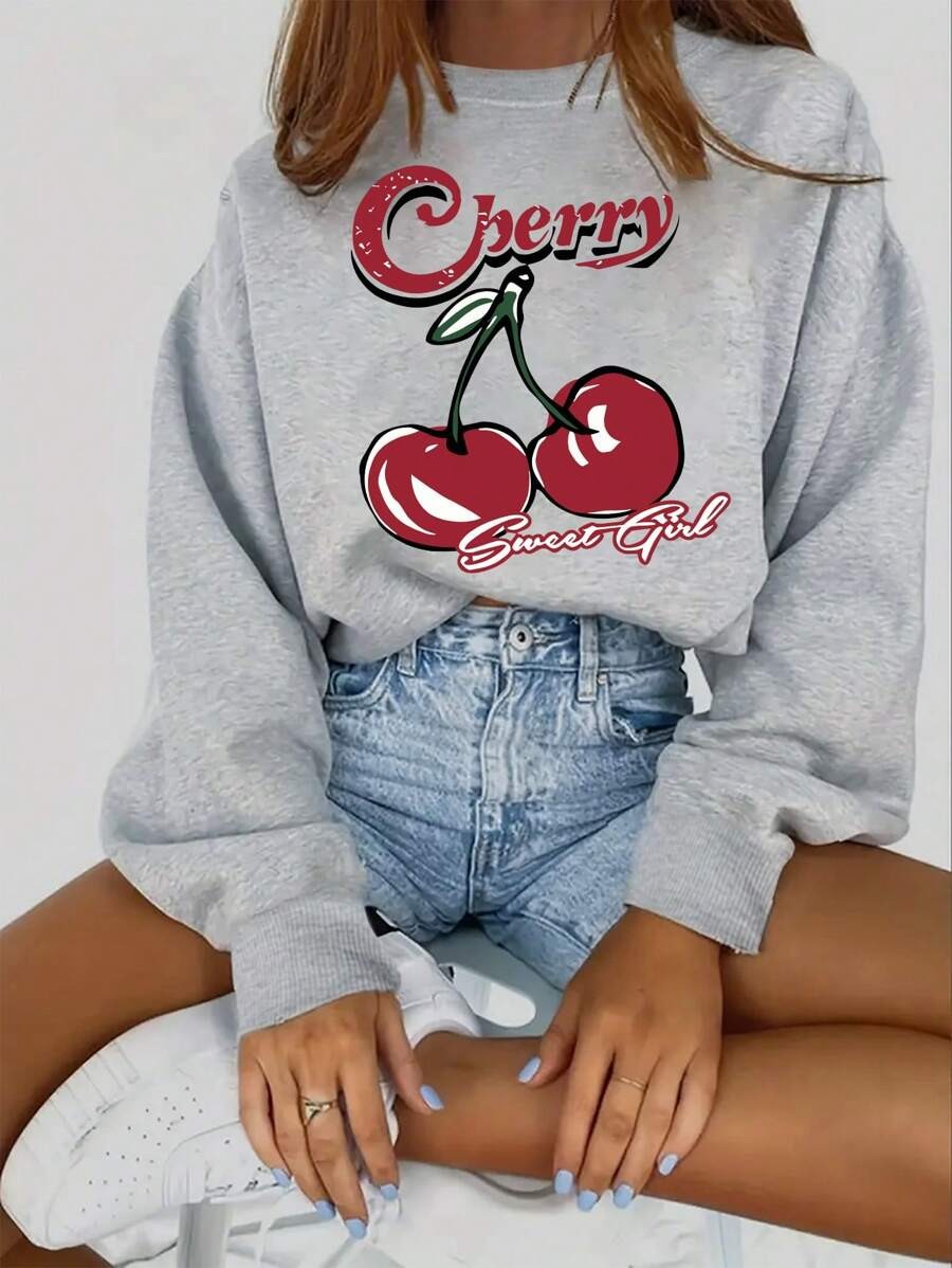 Unisex Sweet Girl Cherry Baskılı Oversize Sweatshirt