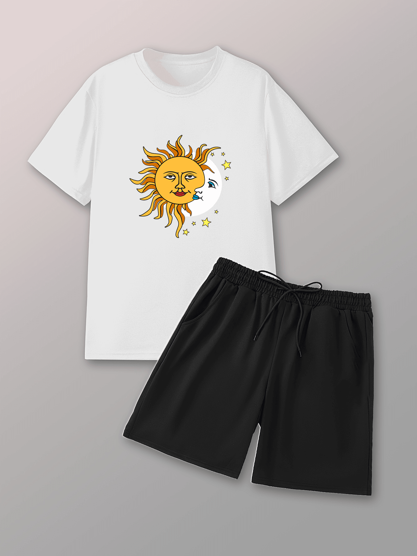 Unisex Güneş Ay Tasarım Basklı Tshirt Şort Takımı