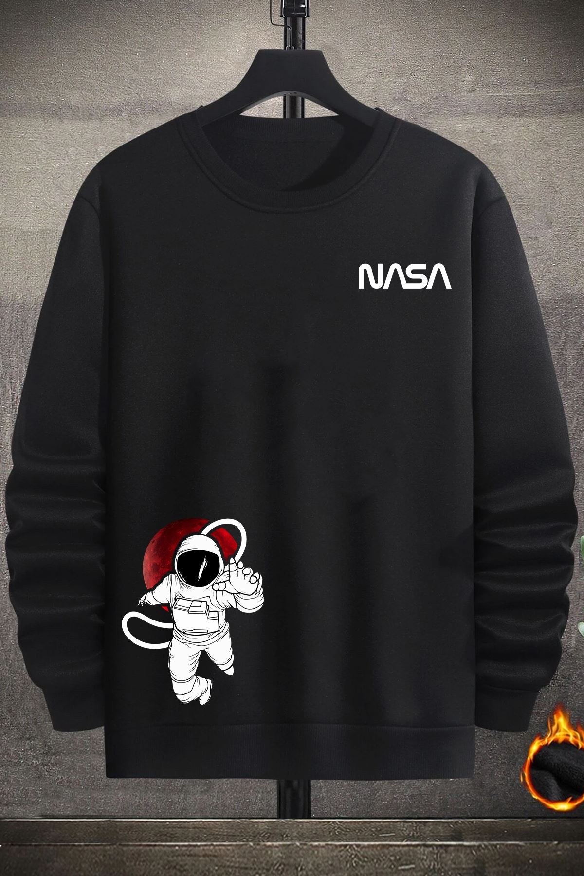 Unisex Nasa Baskılı Bisiklet Yaka Sweatshirt