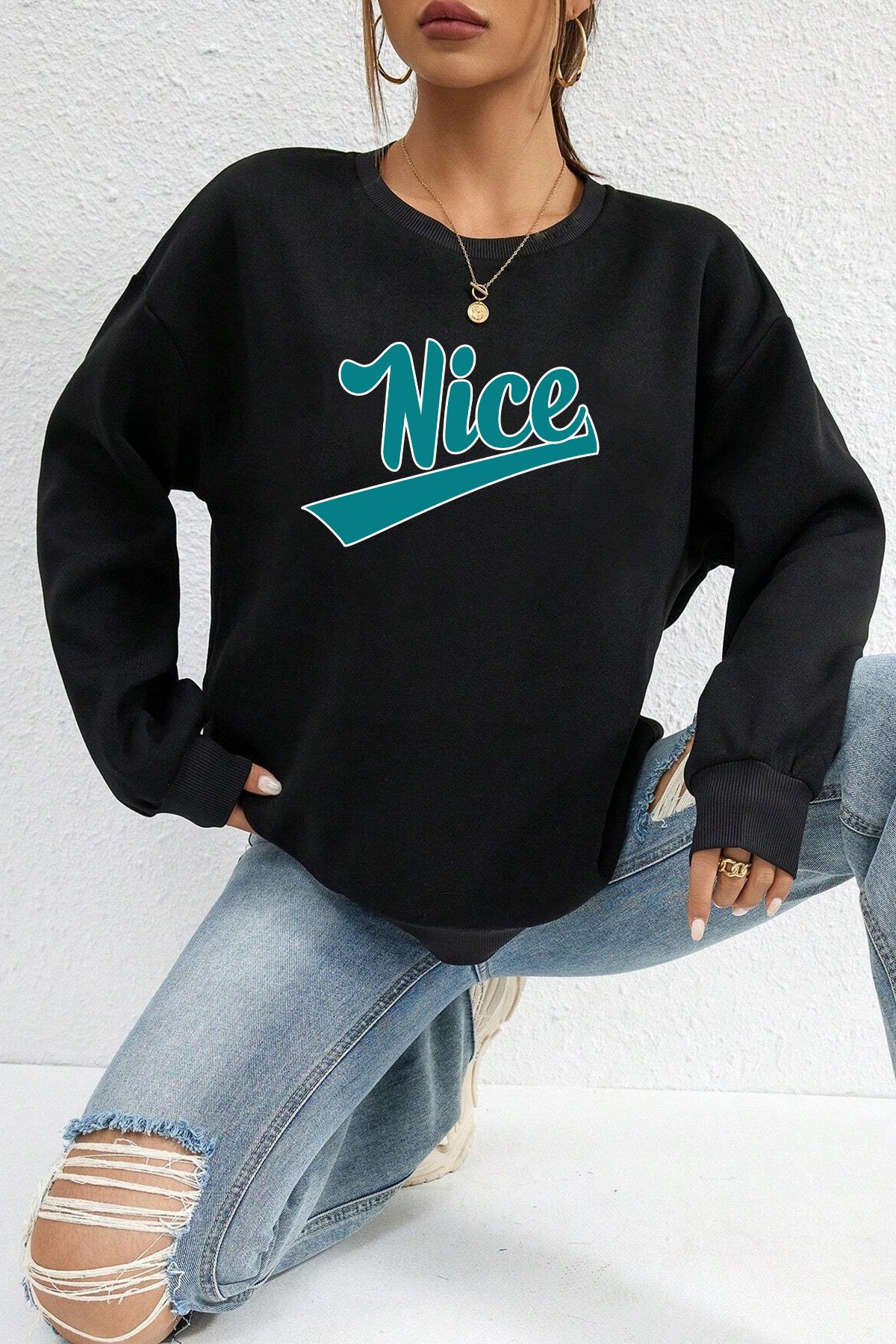 Unisex Nice Baskılı Bisiklet Yaka Sweatshirt