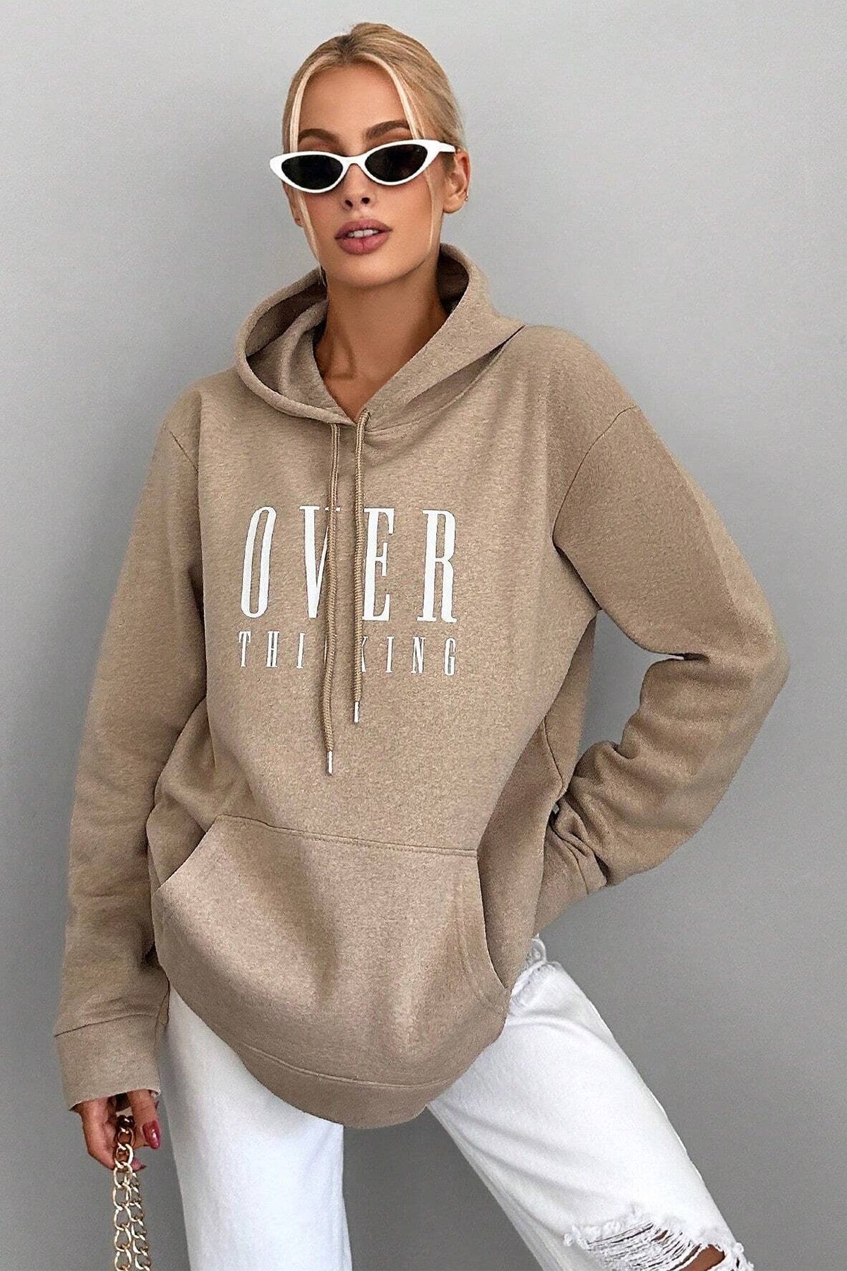 Kapüşonlu Baskılı Pamuklu Oversize Sweatshirt