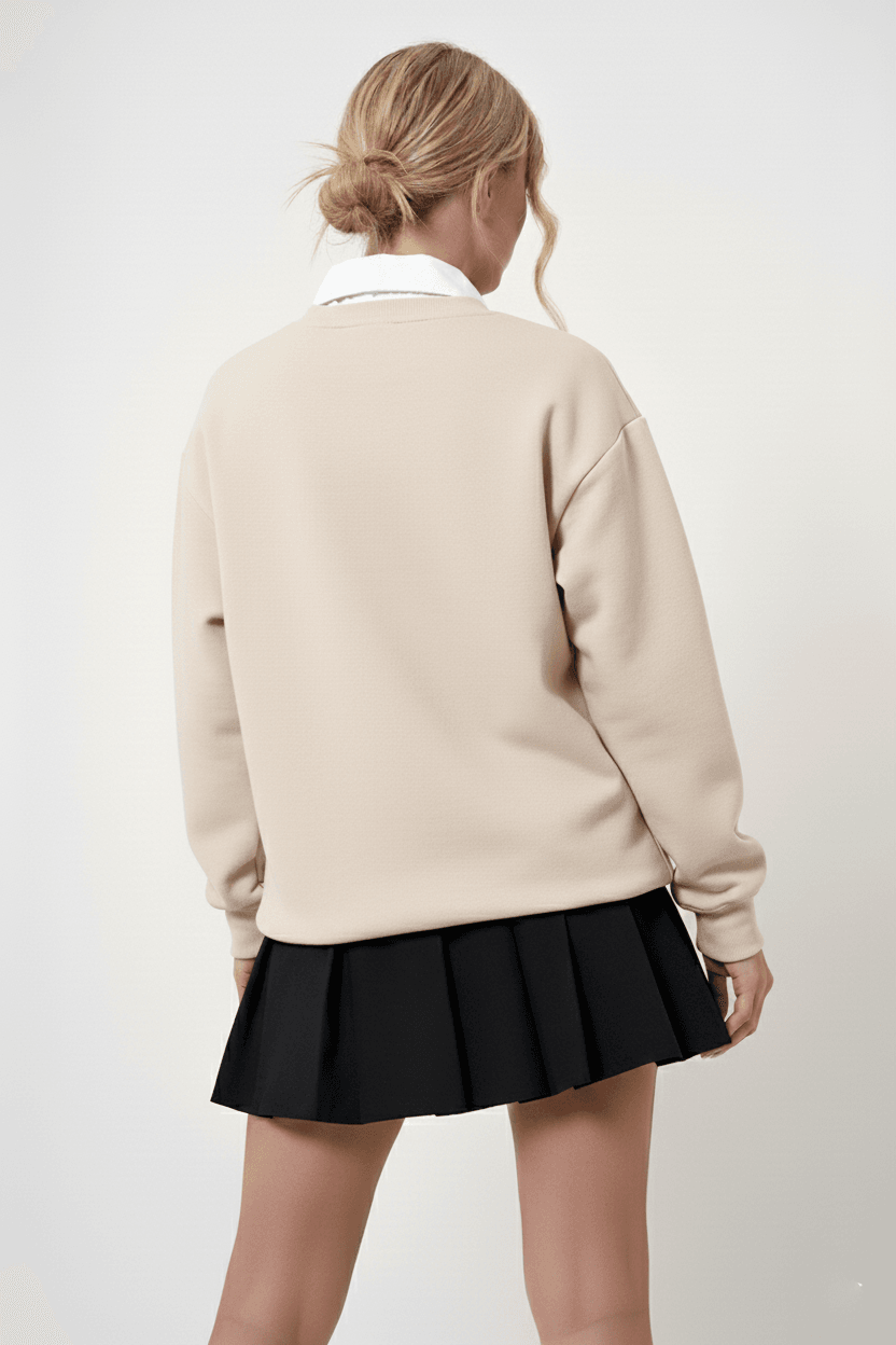 Unisex Leopar Desenli Kalp Baskılı Oversize Bisiklet Yaka Sweatshirt