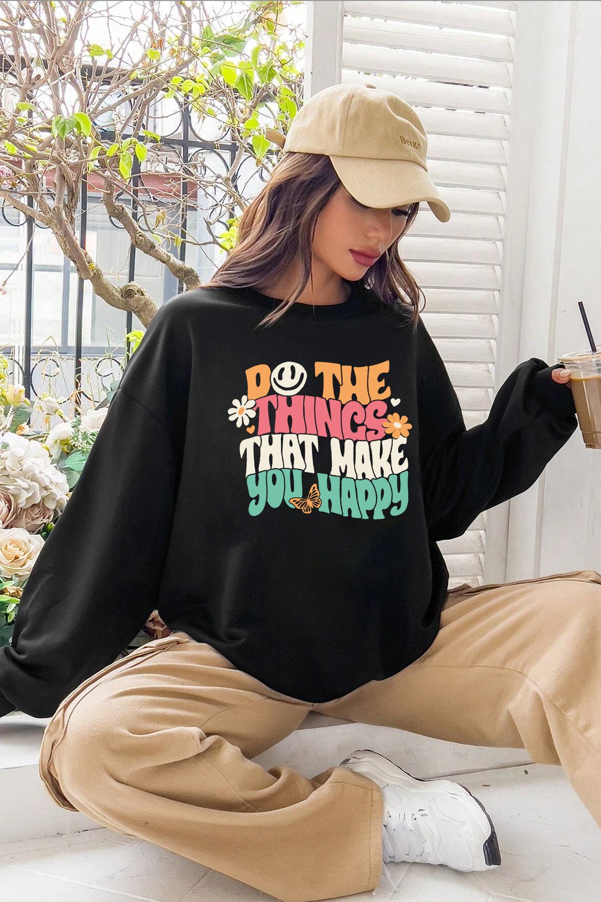 Unisex Happy Baskılı Bisiklet Yaka Sweatshirt