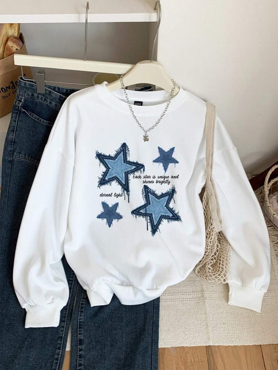 Unisex Yildizlar Baskılı Oversize Sıfır Yaka