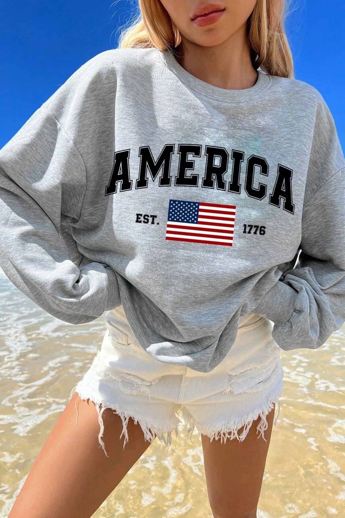 America Baskılı Pamuklu Oversize Sweatshirt