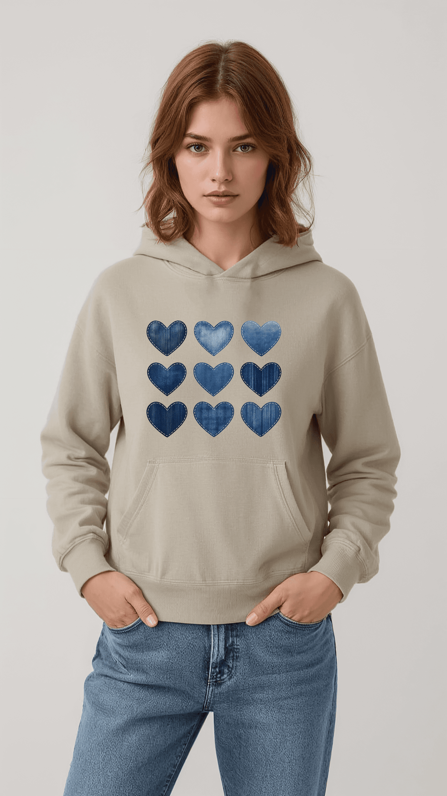 Unisex Jean Desenli Kalp Baskılı Tasarım Oversize Sweatshirt