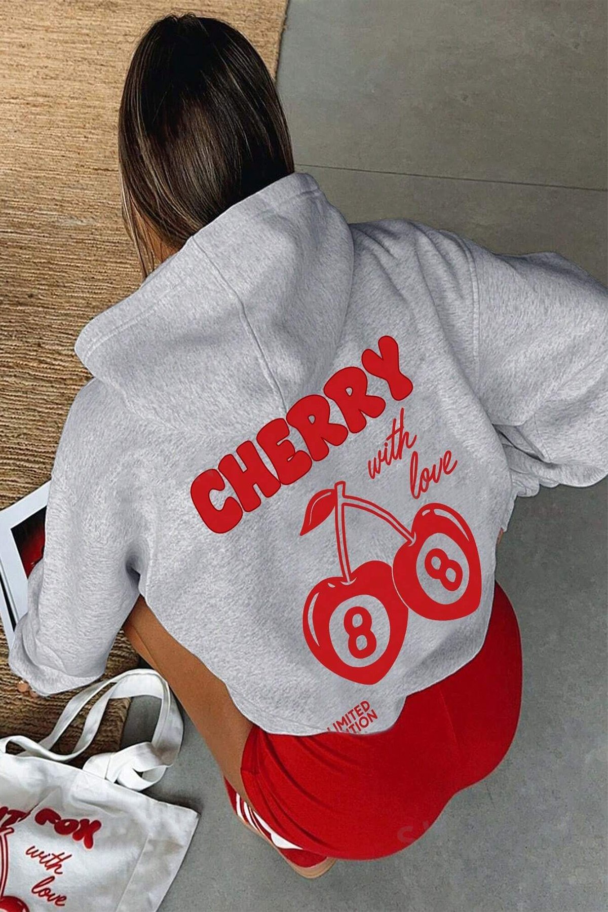 Cherry Baskılı Oversize Sweatshirt