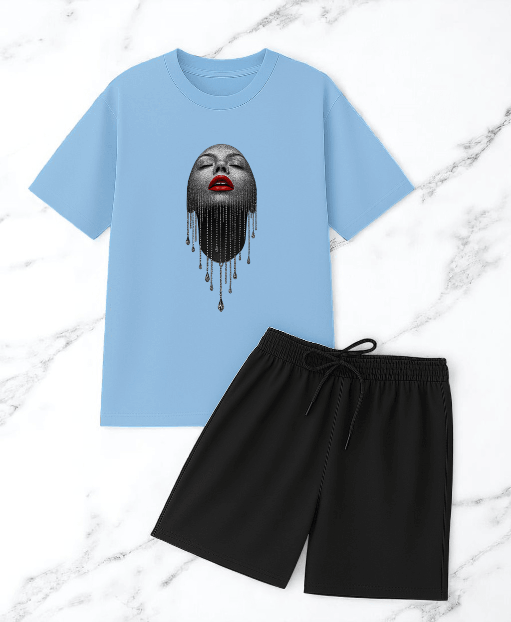 Unisex Pırlantalı Kadın Portresi Tasarım Basklı Tshirt Şort Takımı