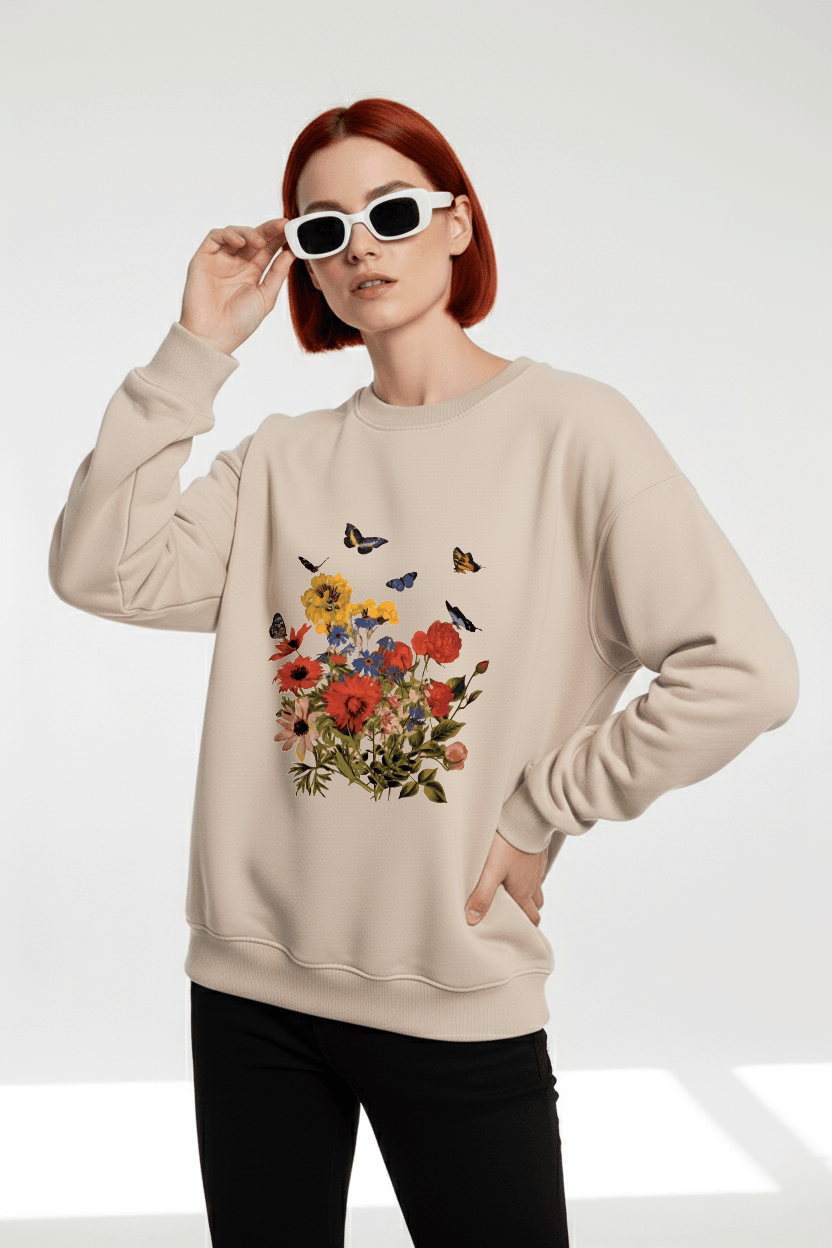 Unisex Renkli Cicekler Baskılı Oversize Bisiklet Yaka Sweatshirt