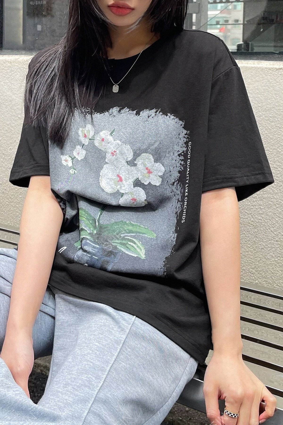 Unisex Orchid Baskılı Oversize Tshirt