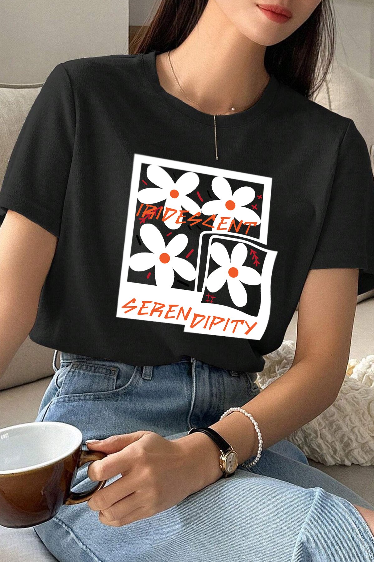 Unisex Serendipity Baskılı Oversize Tshirt