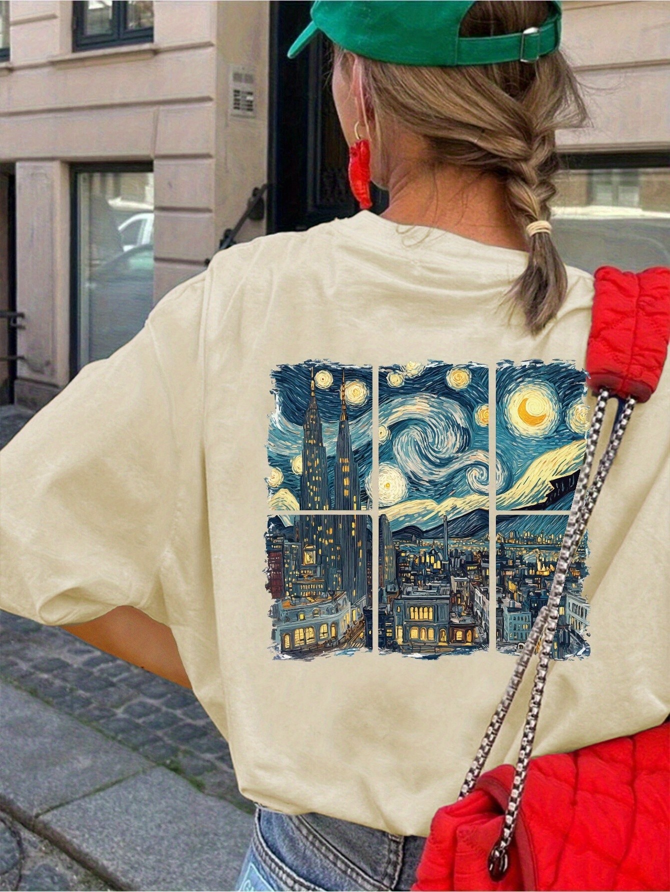 Unisex Sehir Manzarali Vangogh Baskılı Oversize Tişört – %80 Pamuk – Renkli Baskı – Günlük Rahat Kesim