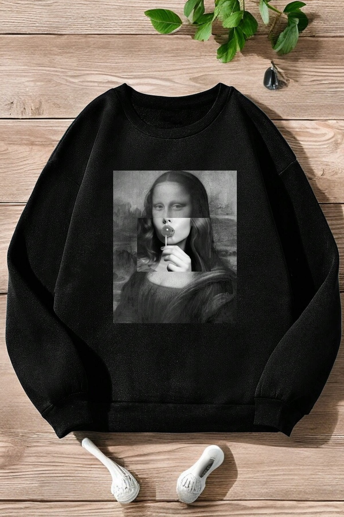 Unisex Mona Lisa Baskılı Bisiklet Yaka Sweatshirt