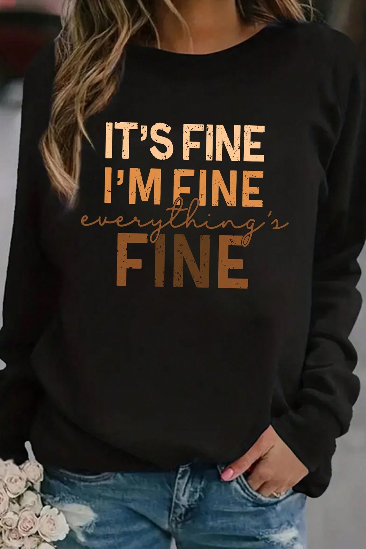 Unisex Fine Baskılı Bisiklet Yaka Sweatshirt