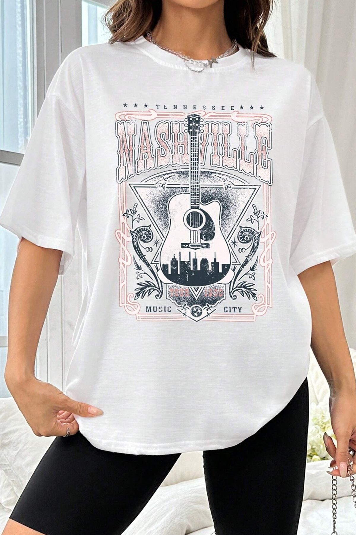 Unisex Music City Baskılı Oversize Tshirt