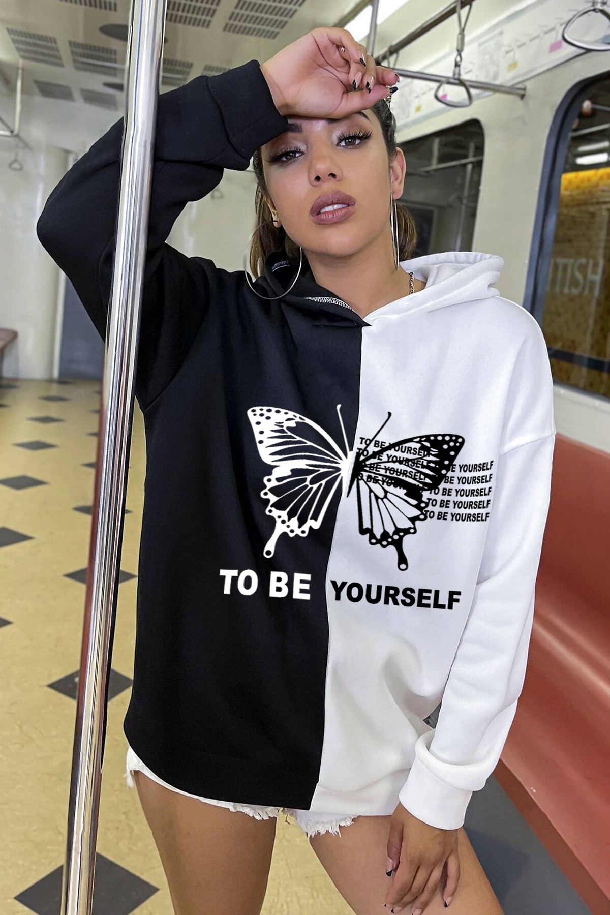 To Be Yourself Baskılı Oversize Sweatshirt