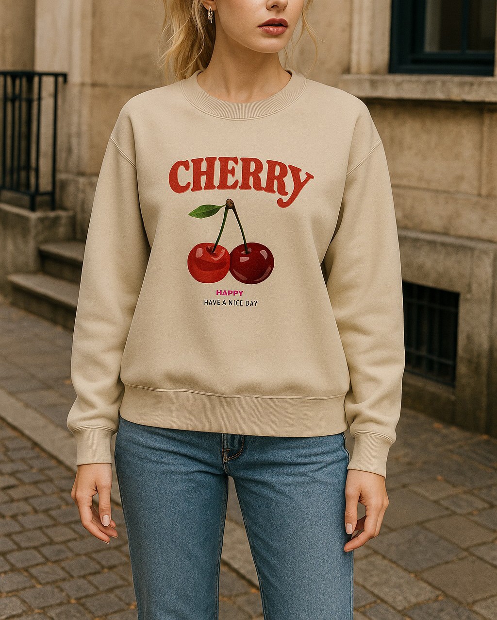 Unisex HappyCherry Tasarım Basklı Sweatshirt