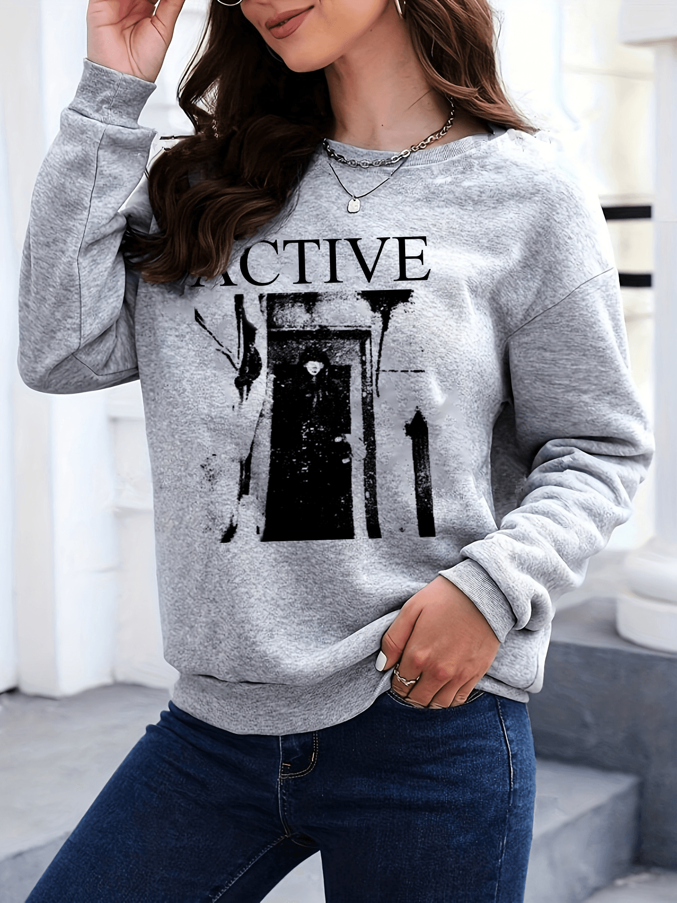 Unisex Active Baskılı Oversize Bisiklet Yaka Sweatshirt