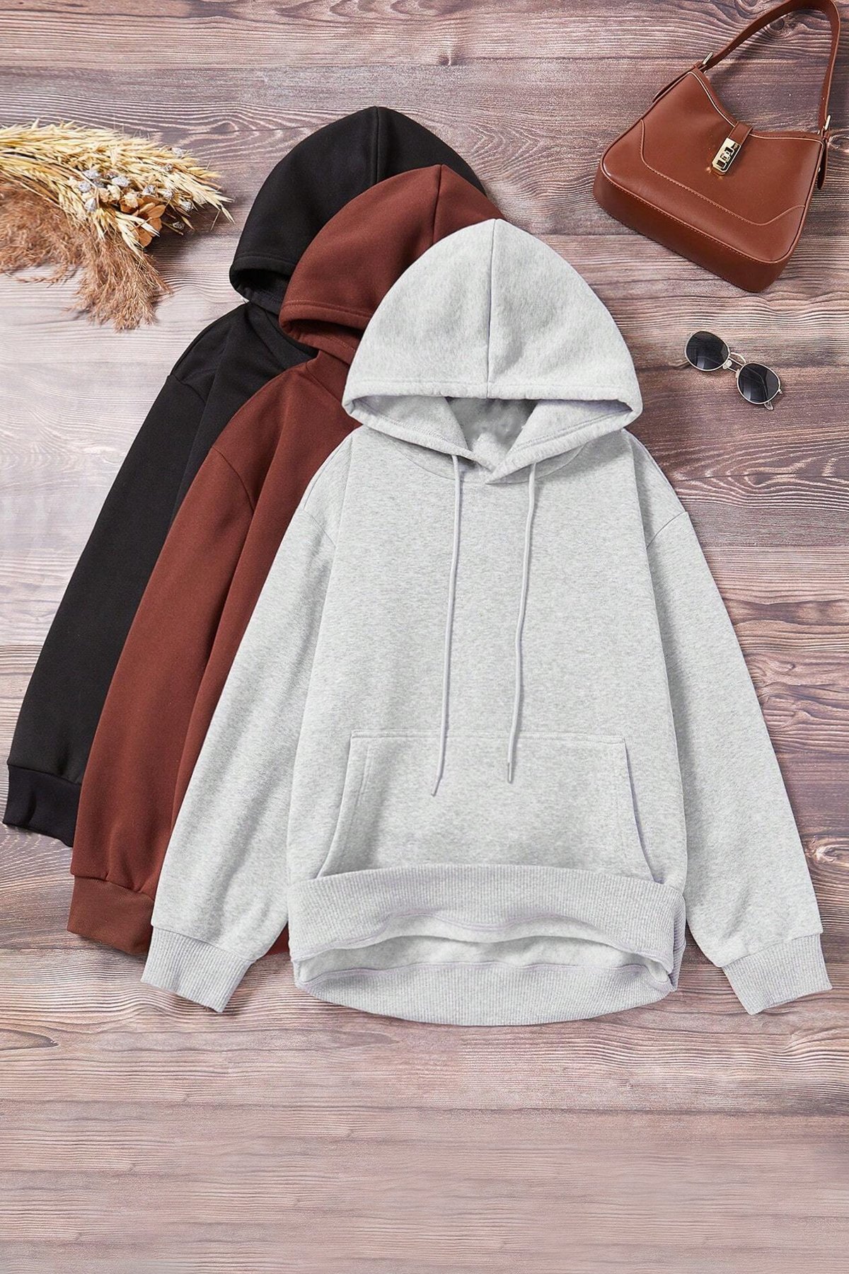 Unisex Düz 3' Lü Baskısız Kapüşonlu Oversize Sweatshirt