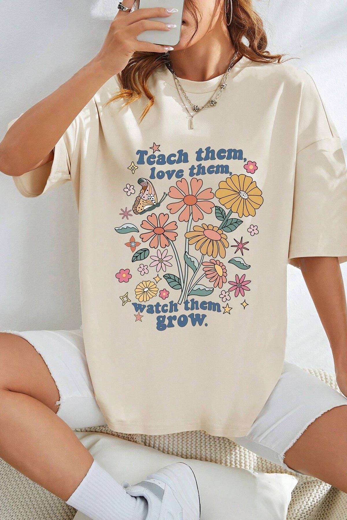 Unisex Flowers Baskılı Oversize Tshirt