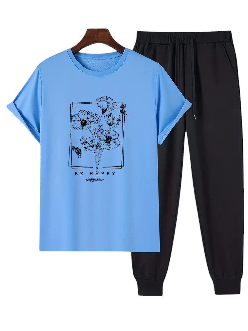 Unisex BE HAPPY Tasarım Basklı Tshirt Eşofman Takımı