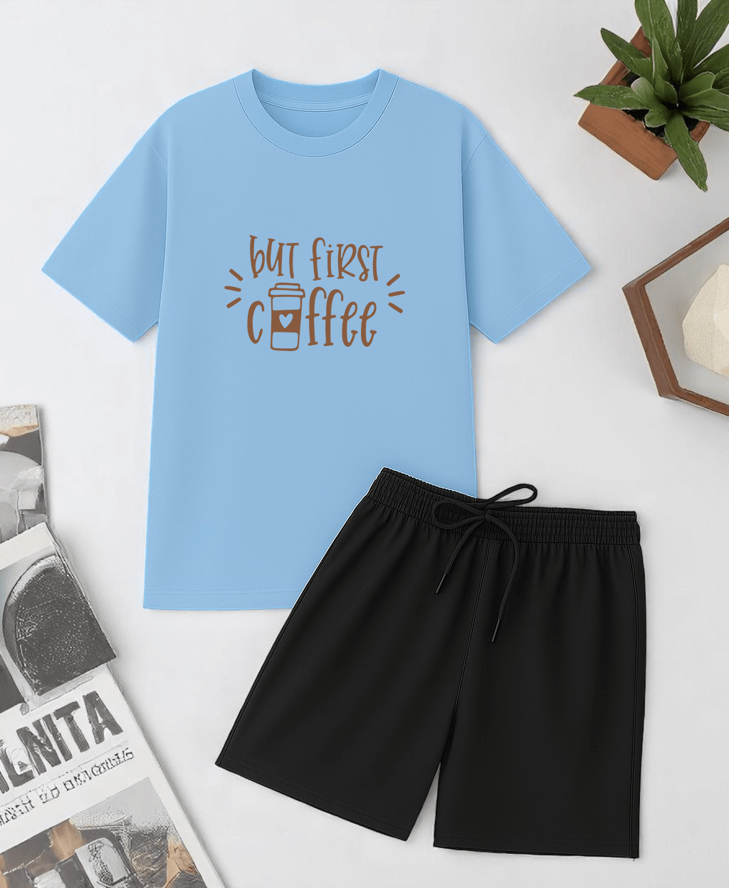 But First Coffee Baskı Şort Takım