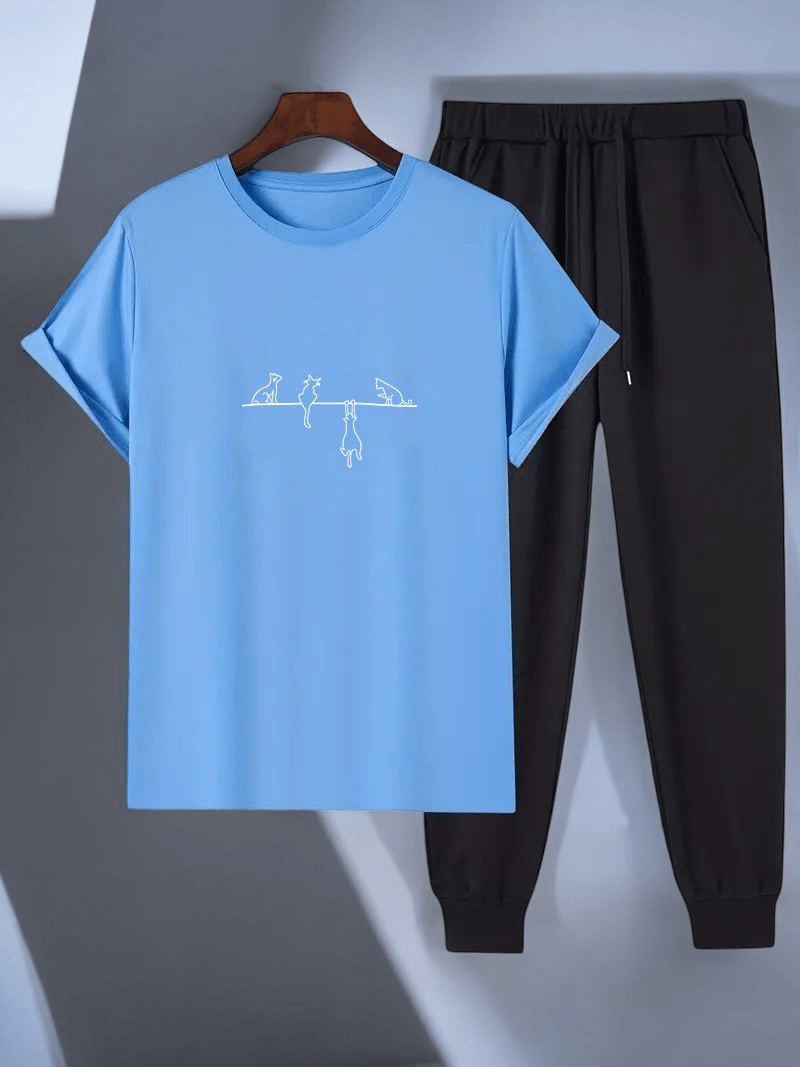 Unisex Yaramazlık Yapan Kediler Tasarım Basklı Tshirt Eşofman Takımı