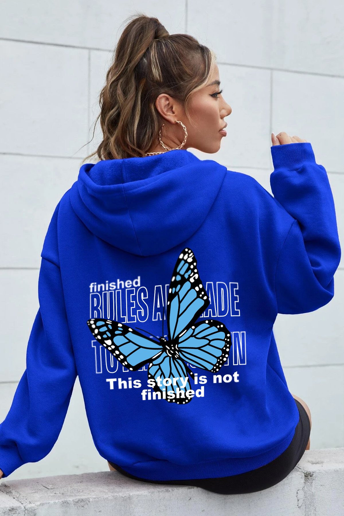 Unisex Blues Butterfly Baskılı Oversize Sweatshirt