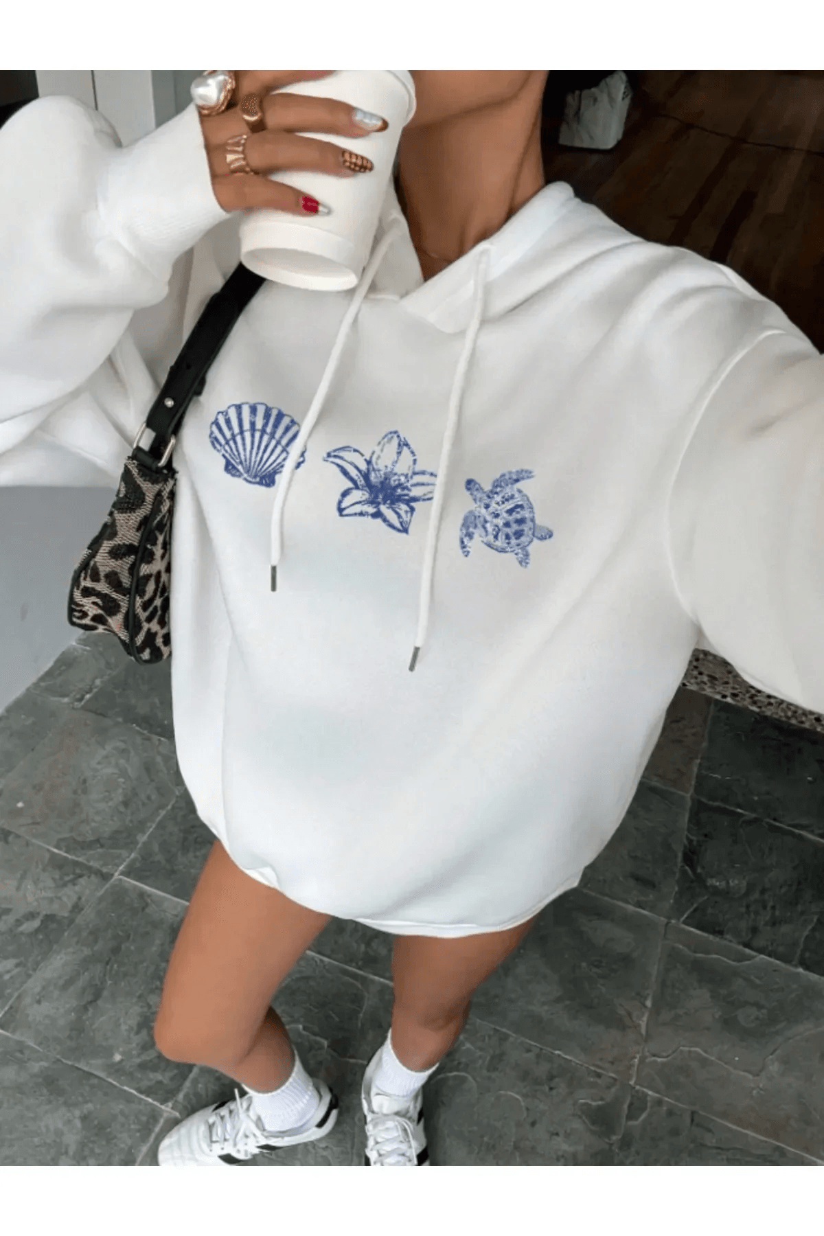 Unisex Deniz Istiridye Baskılı Tasarım Oversize Sweatshirt