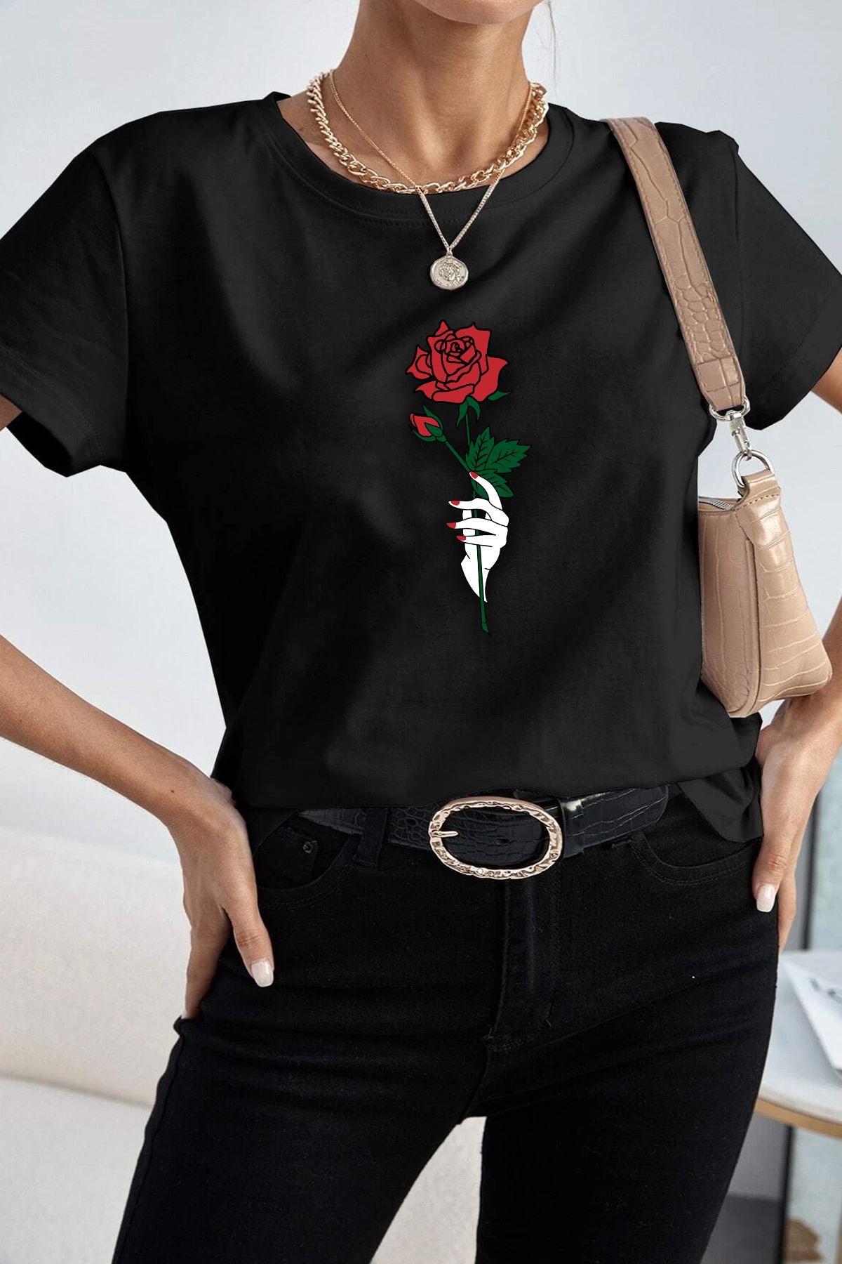 Unisex Rose Baskılı T-shirt