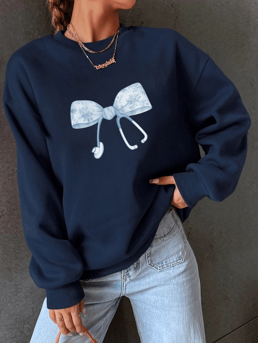 Unisex Fiyonk & Steteskop Tasarım Basklı Bisiklet Sweatshirt