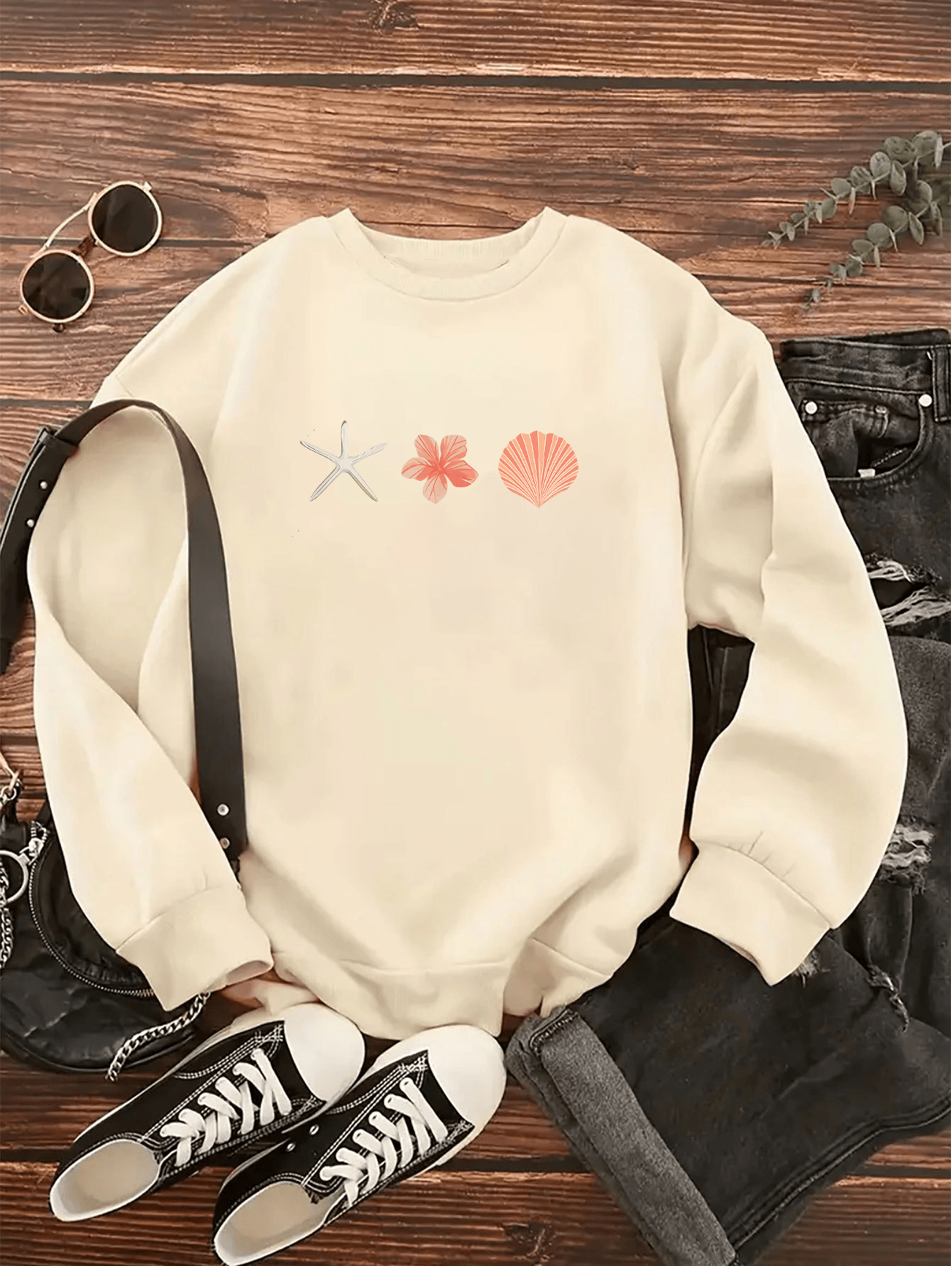 Unisex Istiridye Kabuklari Baskılı Tasarım Oversize Sweatshirt