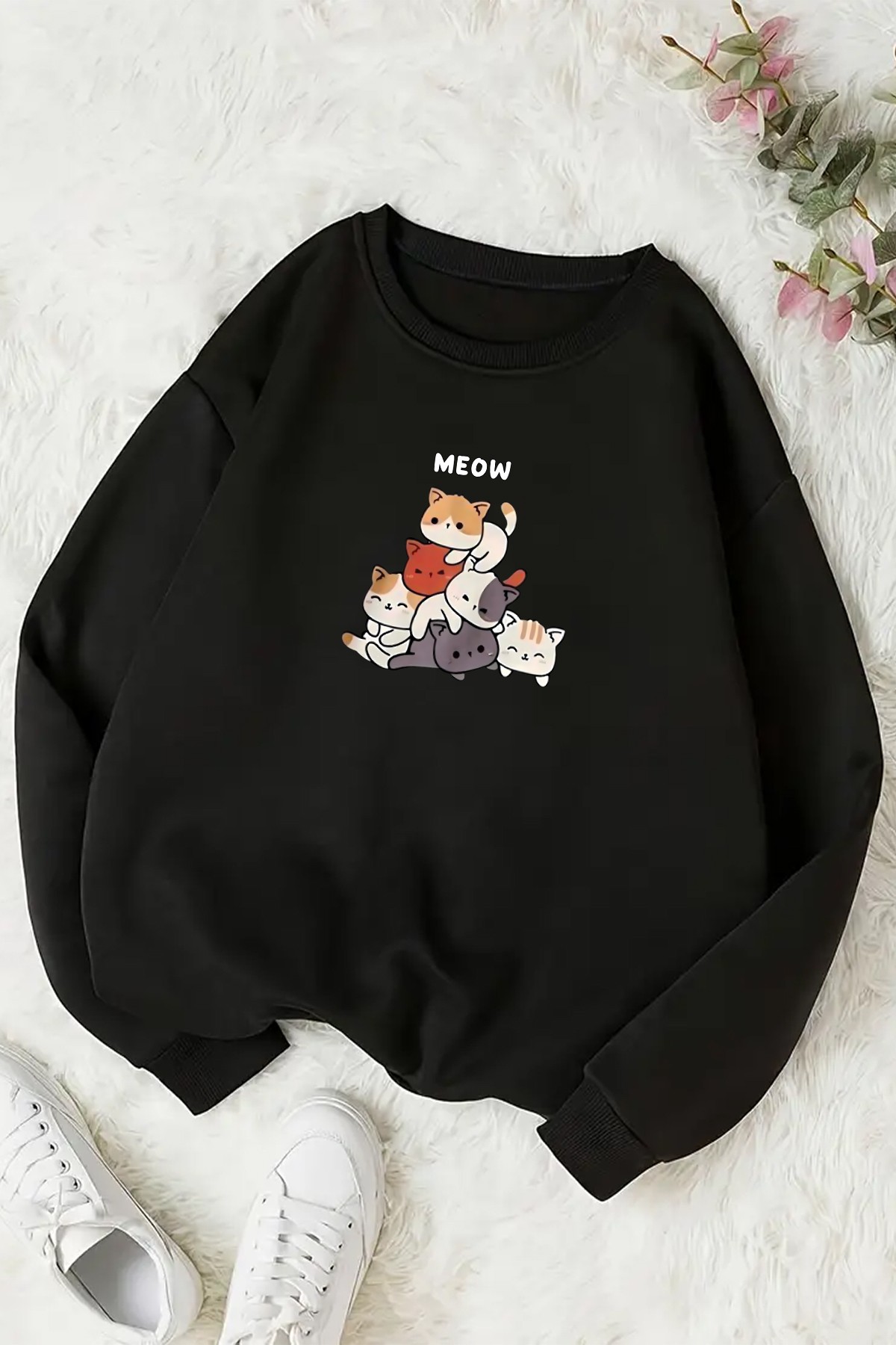 Meow Tatlı Kediler Baskılı Oversize Sweatshirt