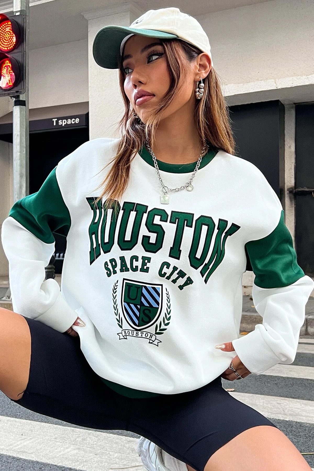 Houston Baskılı Kol Detaylı Oversize Sweatshirt