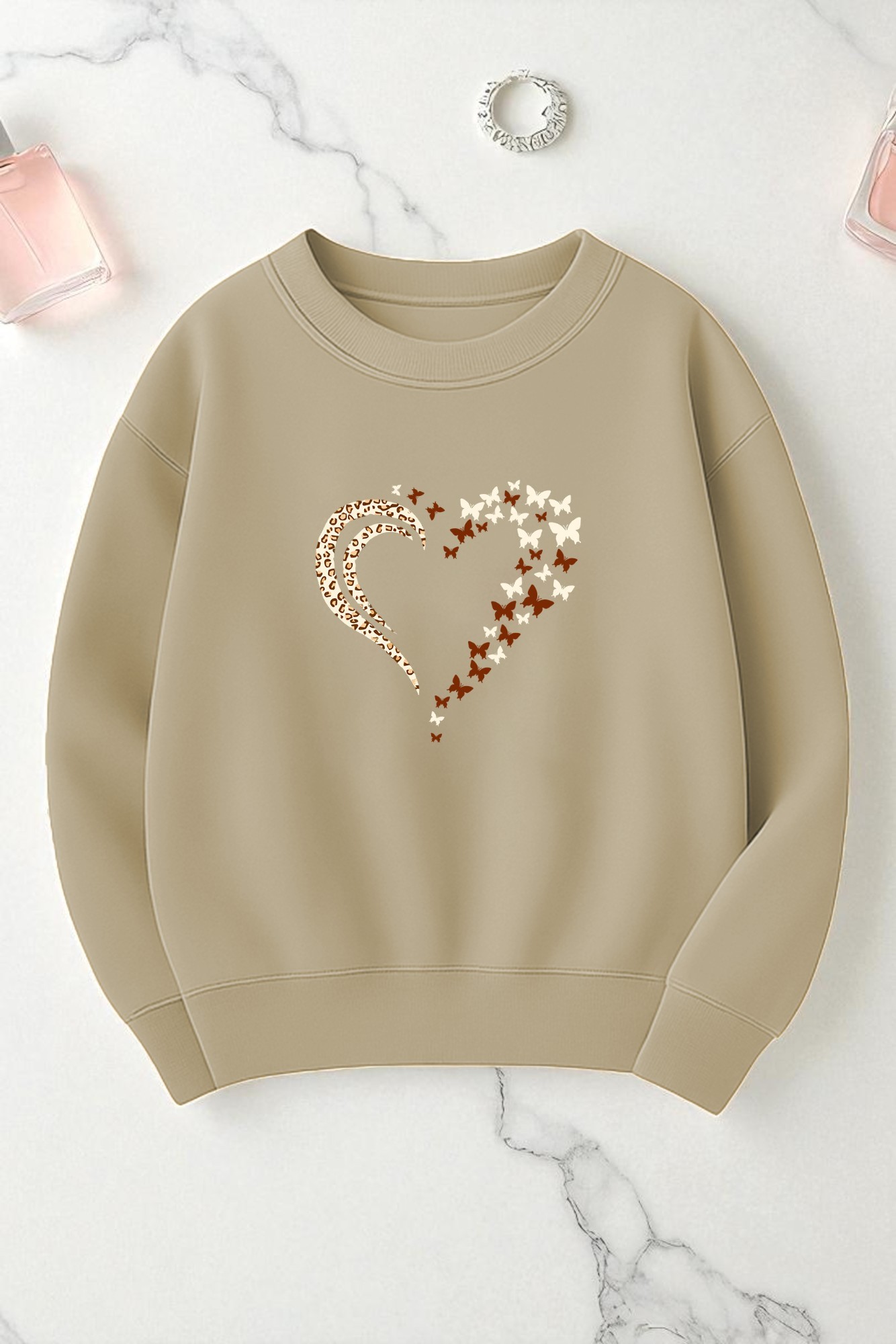 Unisex Leopar Kalp Desenli Baskılı Oversize Sweatshirt