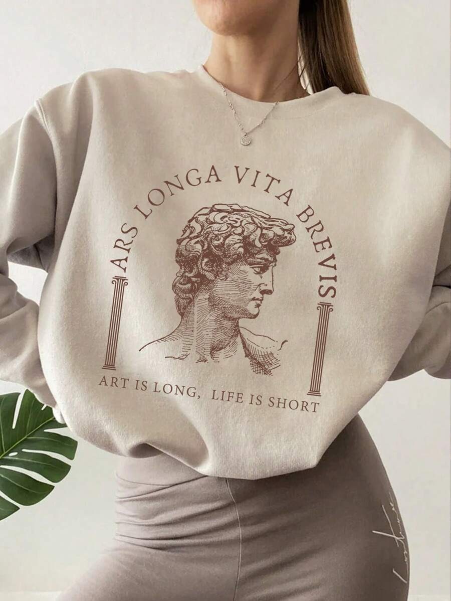 Unisex Ars Longa Vita Brevis Baskılı Oversize Sıfır Yaka