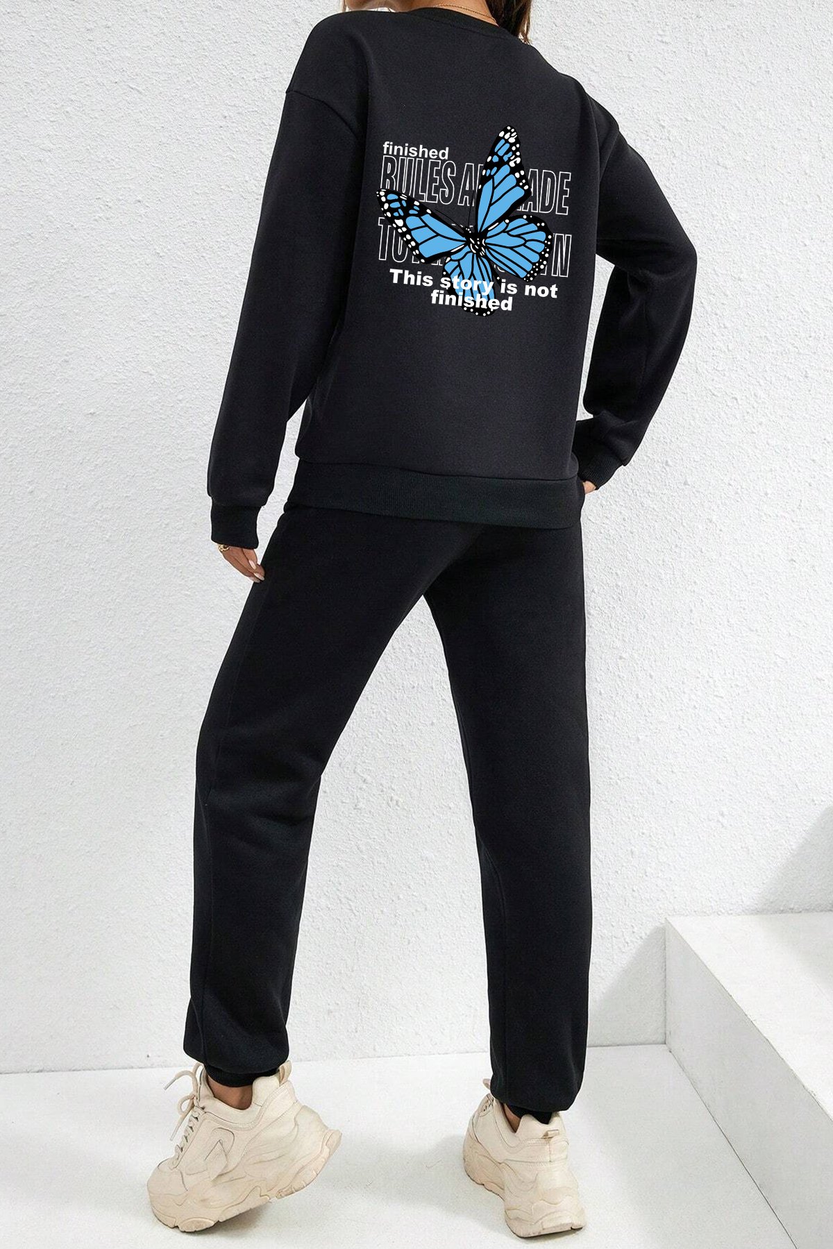 Unisex Blues Butterfly Baskılı Bisiklet Yaka Eşofman Takımı