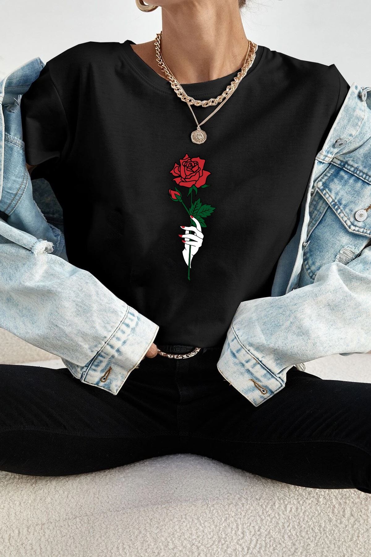 Unisex Rose Baskılı T-shirt