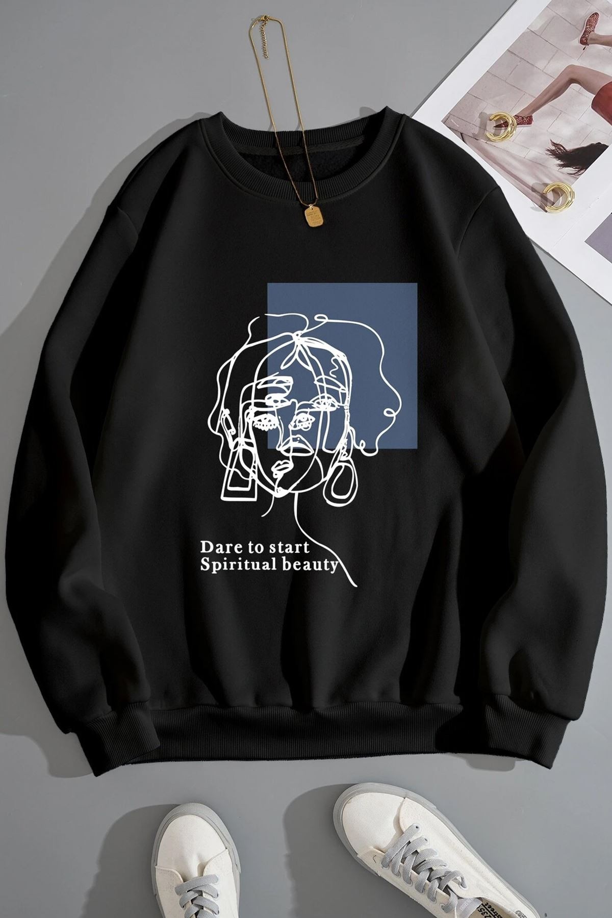 Unisex Baskılı Bisiklet Yaka Sweatshirt