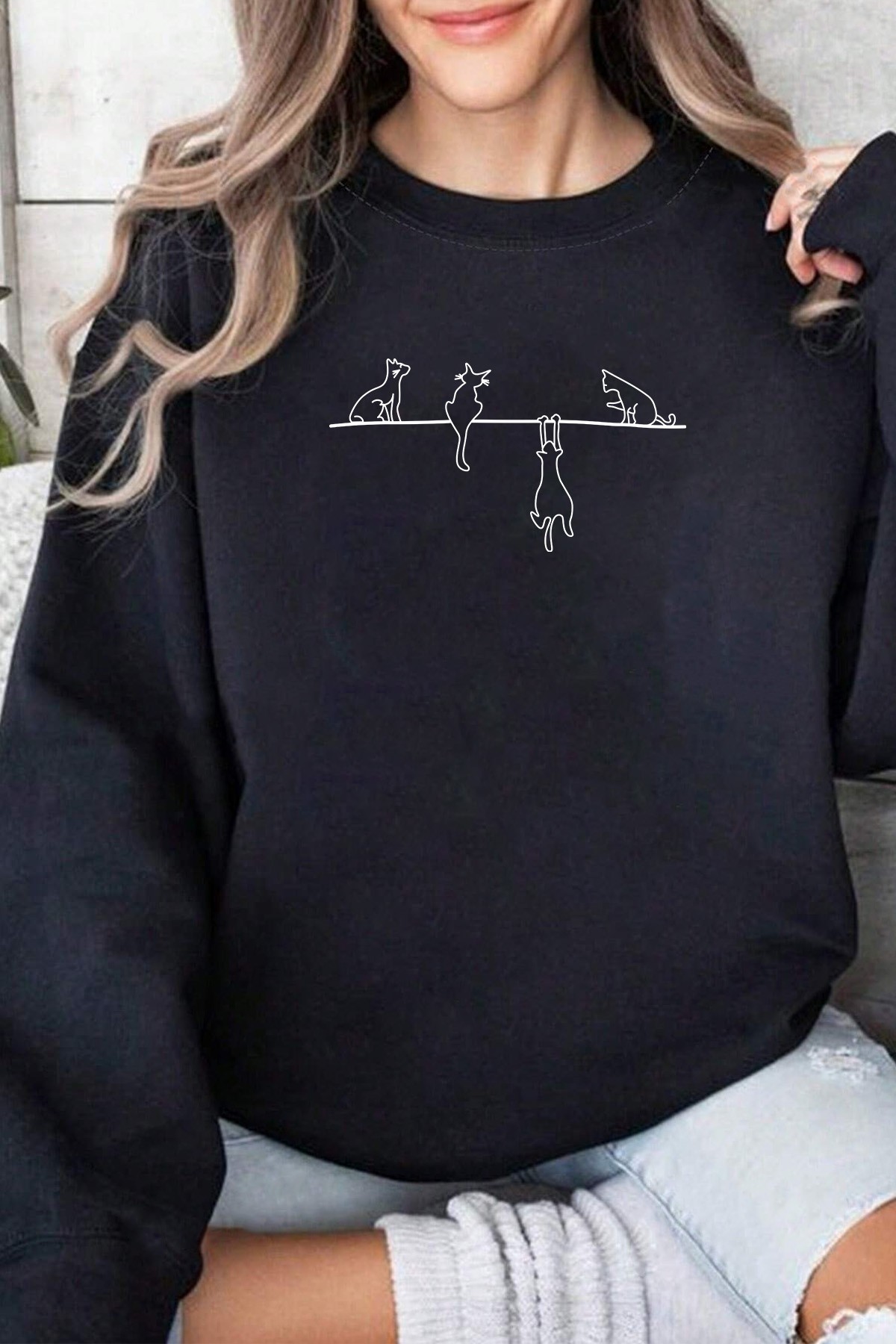 Yaramaz Kedi Baskılı Oversize Sweatshirt