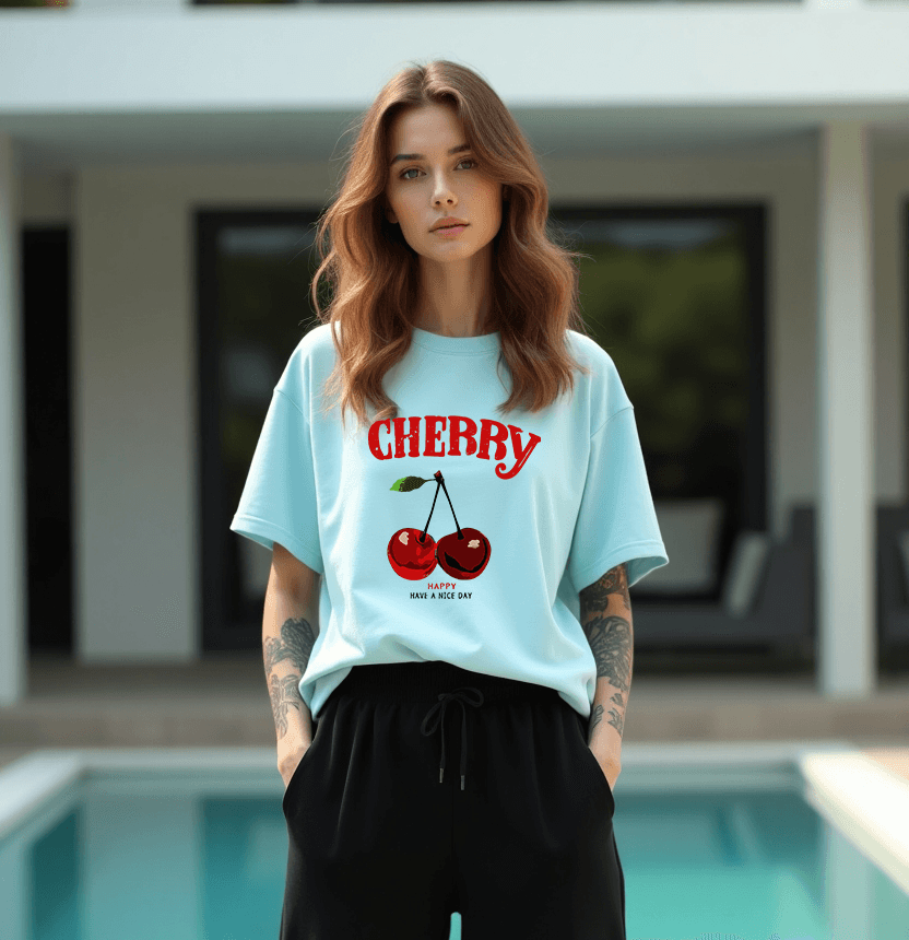 Unisex Happy Cherry Tasarım Basklı Tshirt