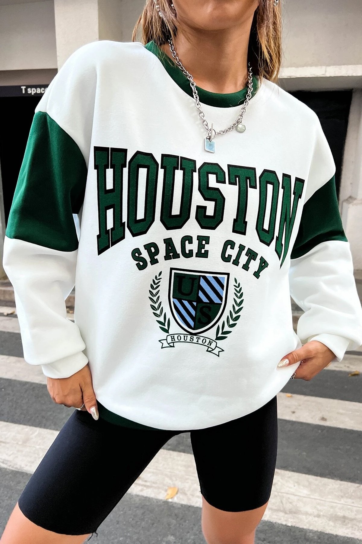 Houston Baskılı Kol Detaylı Oversize Sweatshirt